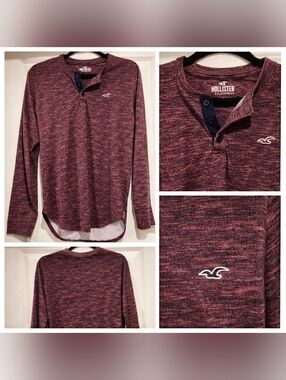 Hollister Maroon Long Sleeve Henley Shirt Men’s Button Neck Casual Size (Small)